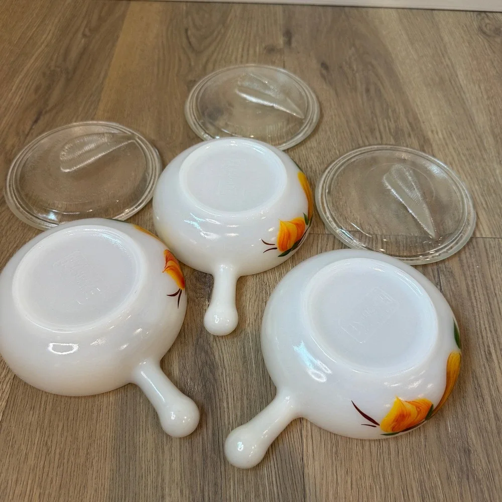 Vintage Glasbake Harvest Pear Milk Glass Soup Bowls with Fin Lids Set of 3 Small